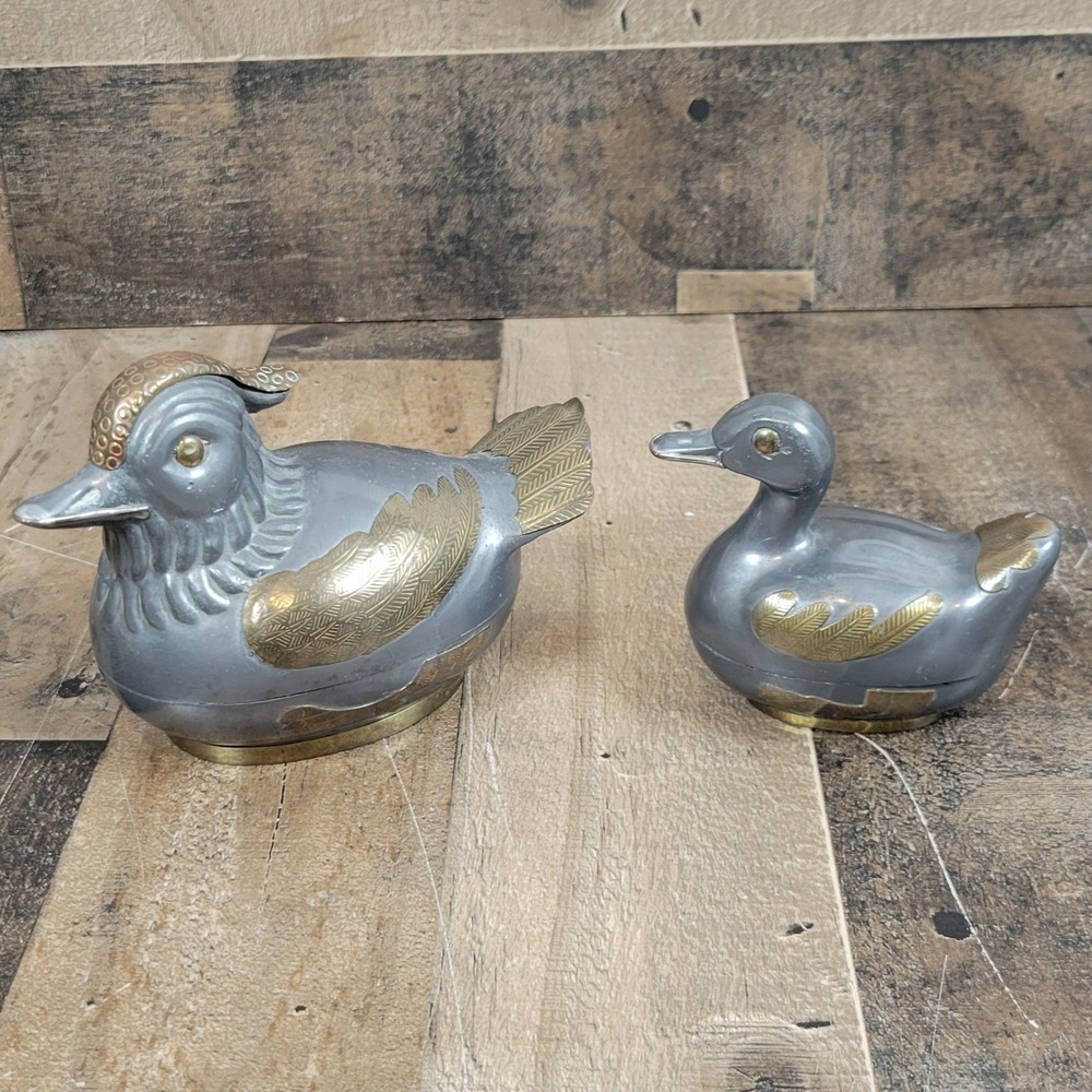 Vintage Pewter Brass Duck Figurine‎ Trinket Box Orante Decor Set of 2 Hong Kong